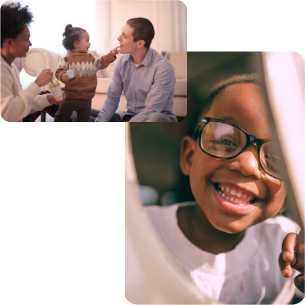 Two photos. One of a family feeding a small toddler. One of a smiling boy with glasses.