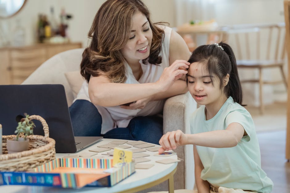 A heartwarming scene of a mother bonding with her daughter over a board game at home.