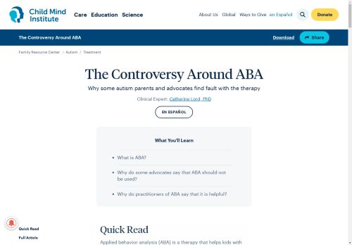 Screenshot of website article "The Controversy Around ABA" from the Child Mind Institute