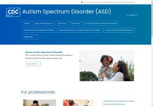 Screenshot of an article called "Autism Spectrum Disorder" on the CDC website