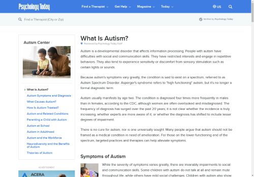 Screenshot of an article called "What is Autism" on the Psychology Today website